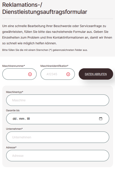 Reklamations-Dienstleistungsauftragsformular
