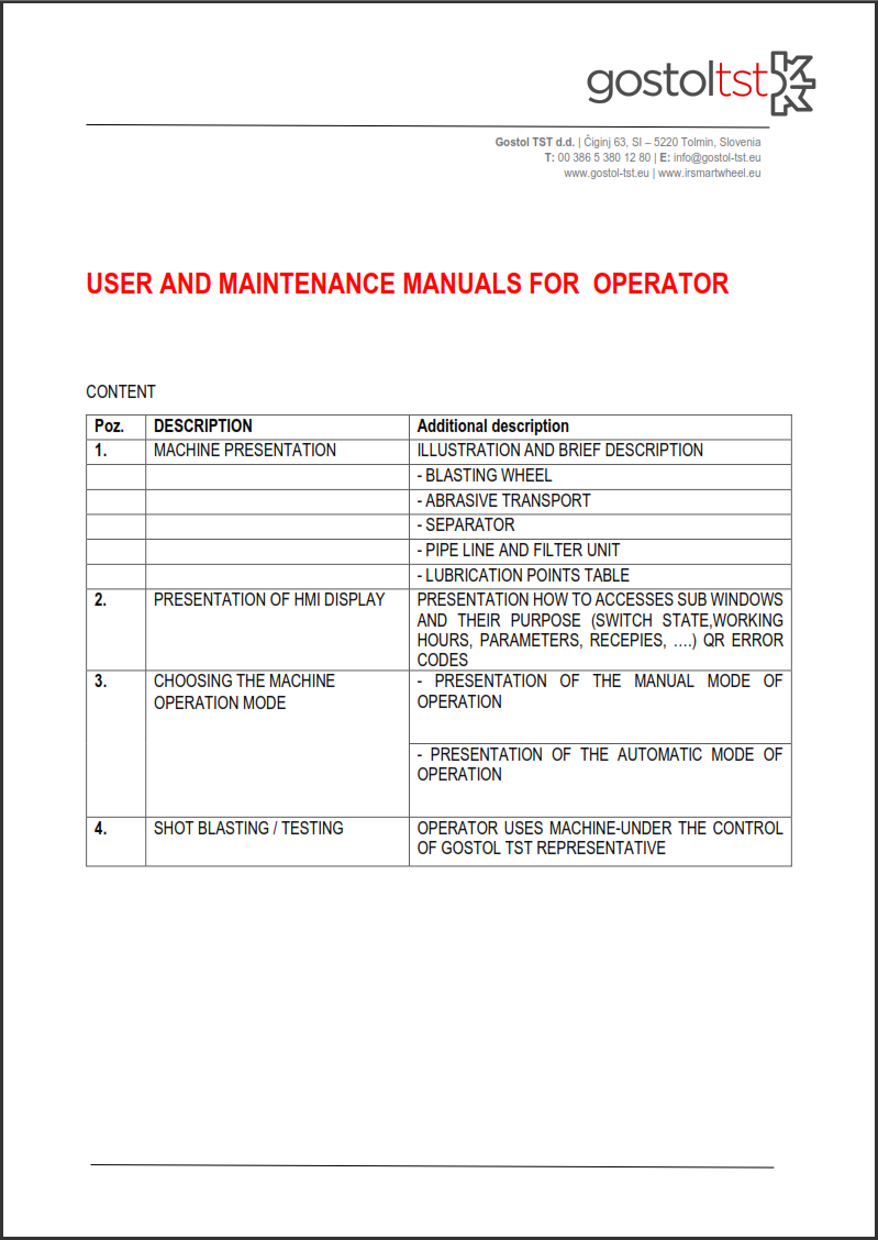 User and maintenance manuals for shot blasting machine for operators