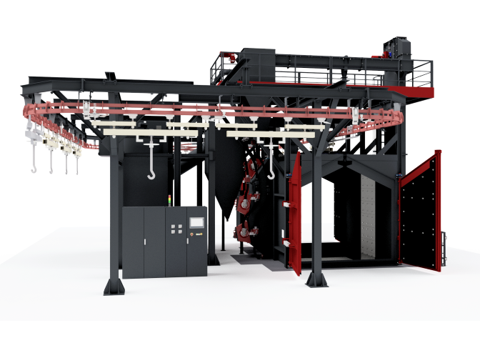 Overhead rail shot blasting machine